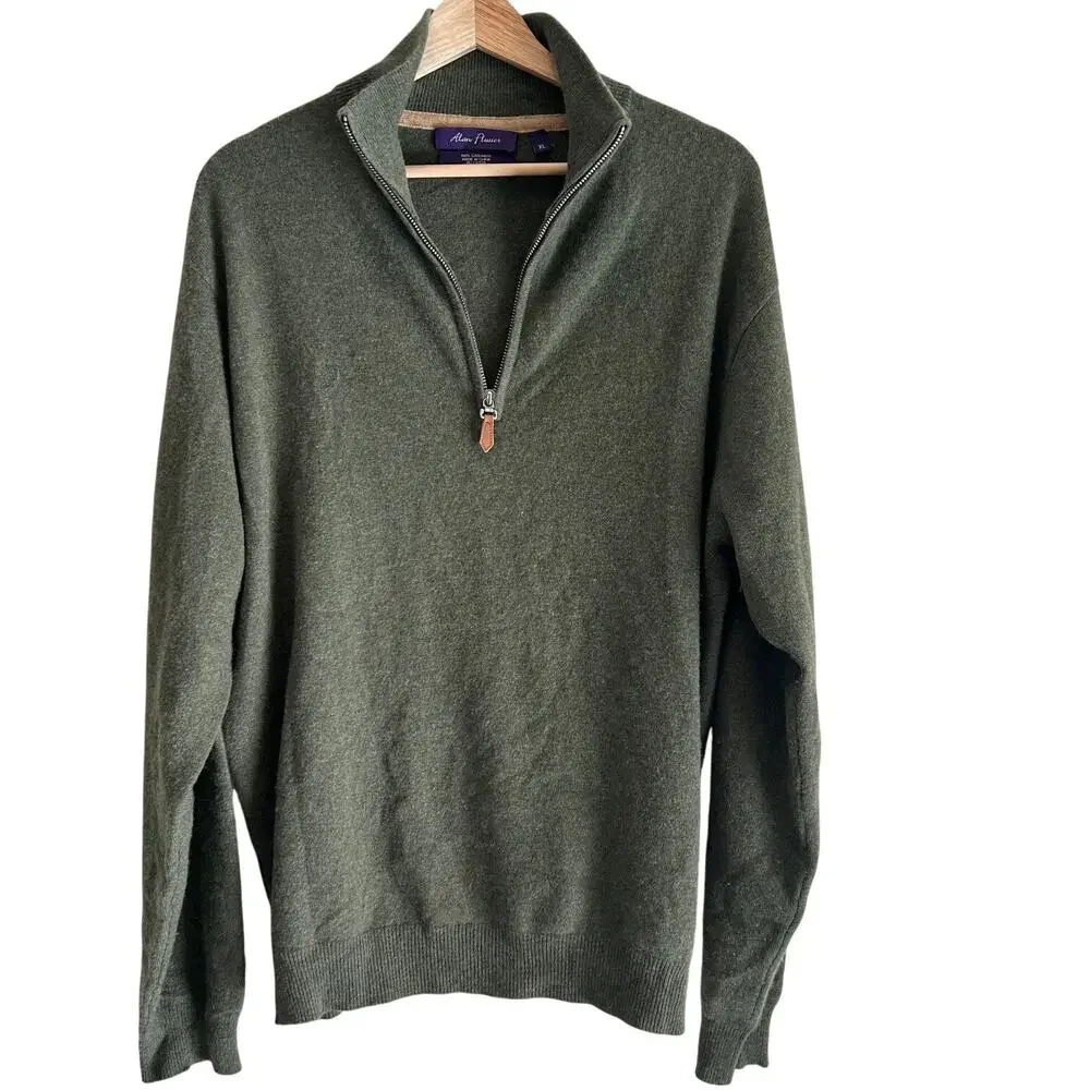 Alan Flusser Cashmere 1/4 Zip Sweater Green Mens XL Luxury Knit Pullover